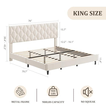 GAOMON King Bed Frame with Upholstered Headboard, Heavy-Duty Platform Bed Frame with Strong Wood Slats, No Box Spring Needed/Noise Free/Easy Assembly, Ivory White | Heavy-Duty Bed Frame with Wooden Slats Support Upholstered Mattress Foundation No Box Spri