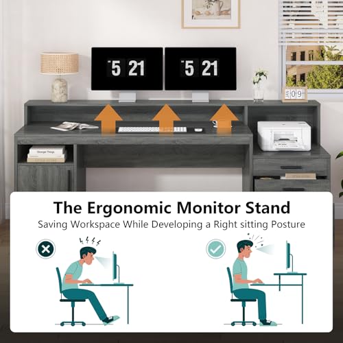 65" Computer Desk with 3 Drawers & Printer Shelf for Home Office | Office Desk with Printer Shelf & File Drawer, Executive Desk Writing Study Table with Monitor Stand, Dark Grey - color: Dark Gray