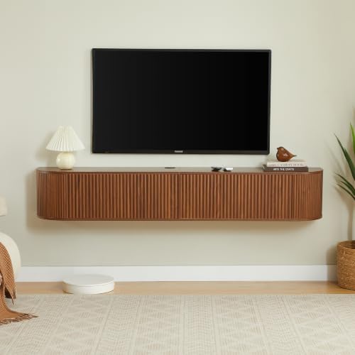 LUMISOL 71” Wall Mounted Floating TV Cabinet with Fluted Doors, Media Console with Cable Management Holes for Living Room, Bedroom, Walnut - size: 70.87"L x 12.6"W x 11.81"H