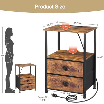 Nightstands Set of 2, Night Stand with Charging Station | Bedside Table with 2 Fabric Drawers for Bedroom, End Tables with Storage Shelf for Small Spaces, Rustic Brown - color: Rustic Brown, style: Power