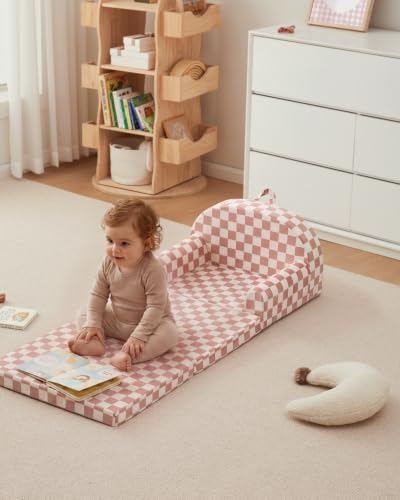 Blissful Diary Kids Couch, 2-in-1 Soft Kids Sofa, Kids Sofa Chair, Comfy Kids Furniture for Playroom, Reading & Play, Checkered Blush - color: Checkered Blush