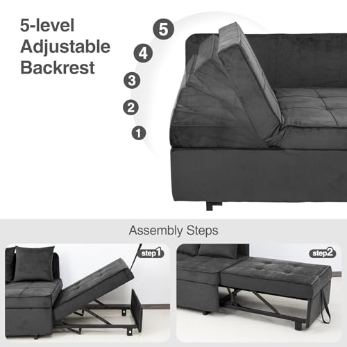 Convertible Sofa Bed 4-in-1 Pull Out Couch, Ottoman Bed Sleeper, Dark Grey | Velvet Love seat Couch Sleeper Chair Bed with USB Ports, 5 Adjustable Backrest and Pillow for Living Room Apartment Office - color: Grey