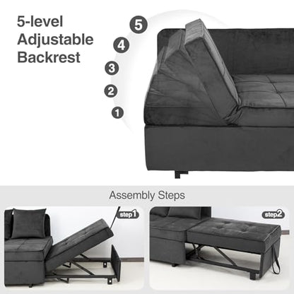 Convertible Sofa Bed 4-in-1 Pull Out Couch, Ottoman Bed Sleeper, Dark Grey | Velvet Love seat Couch Sleeper Chair Bed with USB Ports, 5 Adjustable Backrest and Pillow for Living Room Apartment Office - color: Grey