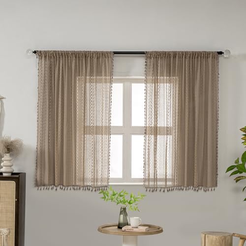 WAZZIO Boho Lace Curtains 45 Inches 2 Panel,Light Filtering Privacy Tassel & Geometry Crochet Semi Sheer Curtain Drapes for Bedroom Living Dining Room,Rod Pocket & Tassel,Earthy Color Taupe - color: Taupe, size: 59"W x 45"L (Pack of 2)