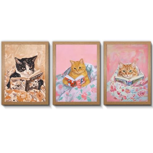 OVQJZIS 3 Piece Cozy Cats Reading Books Oil Painting, Natural Oak Wood Grain Gallery Frame, Whimsical Kitten Wall Art for Bedroom & Reading Nook, Each piece12 x 16 inches - color: Whimsical Kitten