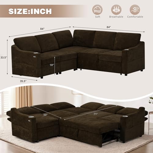 84" L-Shape Sectional Sofa Bed w/Adjustable Backrests, Brown | Chenille Upholstered Pull Out Sofa Bed w/USB Ports, Convertible Corner Sleeper Couch w/Storage Space for Living Room, - color: Brown, style: L-Shape