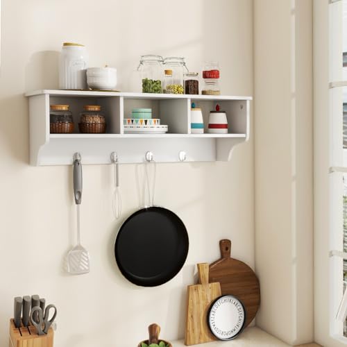 RELAX4LIFE Coat Rack Wall Mount with Shelf, 31’’ Wood Hanging Shelf with Storage, 3 Cubby Compartment & 4 Hooks for Entryway Bathroom Kitchen, Wall Mounted Floating Shelf with Hooks (White) - color: White