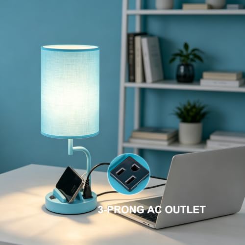 Dreamholder 2 Pack Table Lamp, Bedside Lamp with 3 USB Charging Ports & AC Outlet, USB Desk Lamp with 2 Phone Holders, Linen Fabric Shade Nightstand Lamps for Bedroom Living Room Office, Lake Blue - color: Lake Blue