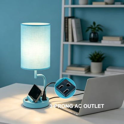 Dreamholder 2 Pack Table Lamp, Bedside Lamp with 3 USB Charging Ports & AC Outlet, USB Desk Lamp with 2 Phone Holders, Linen Fabric Shade Nightstand Lamps for Bedroom Living Room Office, Lake Blue - color: Lake Blue