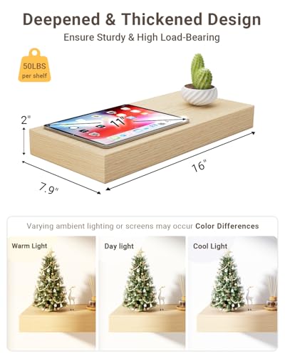 Bathroom White Oak Floating Shelves for Wall, 16W × 8D, Set of 2 | 2" Thick Wooden Wall Shelf, Heavy Duty Bracket, Bedroom Kitchen Living Room, Non-tilting Design, 50LBS Capacity - color: White Oak, size: 16 x 7.9 x 2 (2pc)