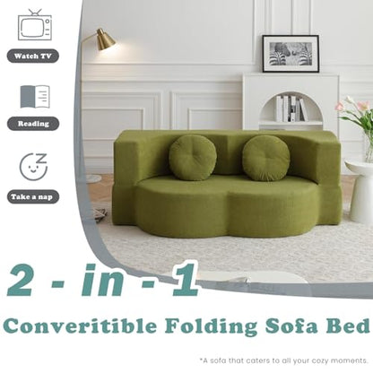 76" Convertible Folding Futon Sofa Bed, Queen Sleeper Sofa with Pillow, Teddy Floor & Futon Loveseat Couch, Foam Folding Mattress Sleeper for Living Room, Guest Use, Apartment, No Assembly (Green) - color: Green