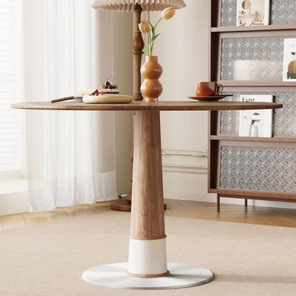 Modern Round Dining Table with Parquet Walnut Tabletop Seats 4-6 | 47.2" Small Circle Pedestal Kitchen Table with Metal Base for Dining Room, Kitchen, Apartment, Living Room