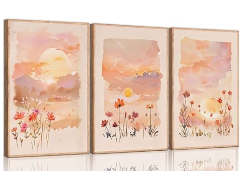3 Pcs Sunrise Canvas Wall Art for Living Room Bedroom Home Decoration | Blush Pink Wildflowers Floral and Orange Sunset Watercolor Landscape Pictures Wall Decor Poster Print Artwork Unframed - color: Sunrise-Poster, size: 24L" x 16W"