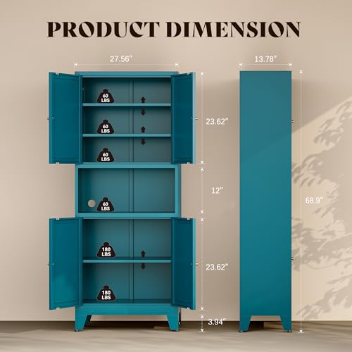 69"H Metal Pantry Cabinet with Microwave Stand,Tall Kitchen Storage Cabinets,Blue Food Pantry Cabinet with 4 Doors and Shelves, Large Hutch Cabinets for Kitchen, Dining Room, Living Room and Bathroom - color: Blue, size: 69"H-4Doors
