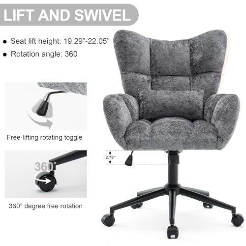 Home Office Desk Chair, Modern Tufted Chenille Vanity Chair, Adjustable Upholstered Swivel Computer Chairs for Bedroom, Living Room，Grey - color: Grey