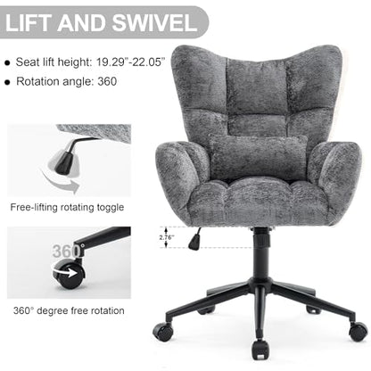 Home Office Desk Chair, Modern Tufted Chenille Vanity Chair, Adjustable Upholstered Swivel Computer Chairs for Bedroom, Living Room，Grey - color: Grey