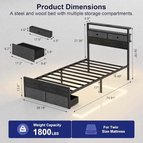 Twin Bed Frames with Storage Drawer, Platform Bed with Charging Station and LED Lights, Upholstered Headboard with 2-Tier Storage Shelves, No Box Spring Needed - size: Twin, style: Modern
