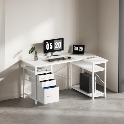 L Shaped Desk with Drawers, Office Desk with Storage Shelves, White | 47in Desktop, Sturdy Metal Frame, Adjustable Pads, Corner Desk, Computer & Writing Desk, Compact Gaming Workstation - color: White, size: 47Inches