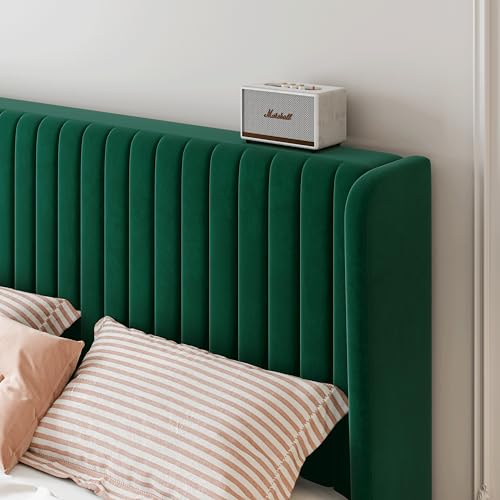 SHA CERLIN Full Size Velvet Bed Frame, Tufted Wingback Headboard, Green | 47'' Modern Vertical Channel Headboard, Upholstered Platform Bed, Wood Slats, No Box Spring Needed, Easy Assembly, Noise Free - color: Green, size: Full