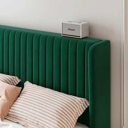 SHA CERLIN Full Size Velvet Bed Frame, Tufted Wingback Headboard, Green | 47'' Modern Vertical Channel Headboard, Upholstered Platform Bed, Wood Slats, No Box Spring Needed, Easy Assembly, Noise Free - color: Green, size: Full