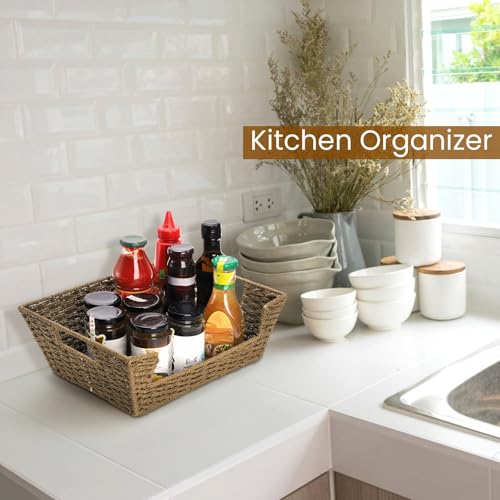 2 Pack Open Front Storage Baskets, Built-in Handles | Brown Paper Rope Woven Basket, 13''L x 10''W x 5''H Pantry Organzier Bins for Shelf, Bedroom, Pantry