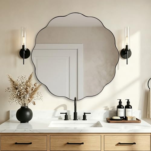 Black Round Wall Mirror 36 inch, Matte Black Metal Frame Circle Bathroom Mirror in SUS304 Stainless Steel Frame, with Unique Modern Circular Wavy Design - color: Matte Black, size: 36"L x 36"W