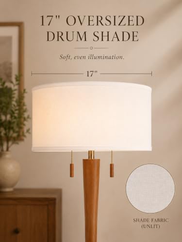 MOFFE Solid Wood Floor Lamp for Living Room,Pull Chains Standing Lamp | 62.8" Tall,17" White Drum Shade,Sculptural Wood Base & Stem,2-Light Design,Standing Lamp for Bedroom,2 Bulbs Included - color: Amber Walnut