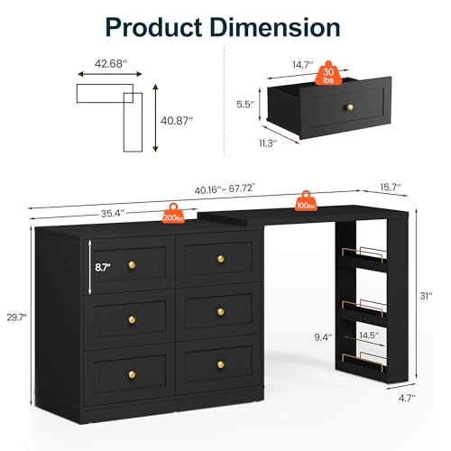 RoyalCraft Vanity Desk and Dresser Combo, 67" Extendable Big Makeup Vainty with 6 Drawer Dresser and 3 Side Shelves, Wood Corner Vanity for Bedroom, Dressing Table for Women Girlfriend, Black