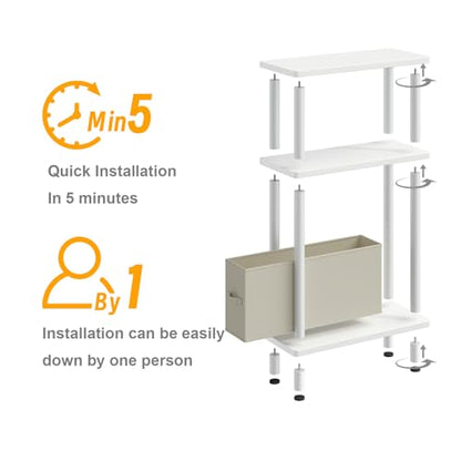 Apicizon Narrow Side Table with Fabric Basket, 3-Tier End Table, White | Sofa Side Table, Wood Storage Shelf, Slim Nightstand, Skinny Bedside Table for Narrow Spaces, Living Room, Bedroom - color: White, style: Narrow Side Table with Basket