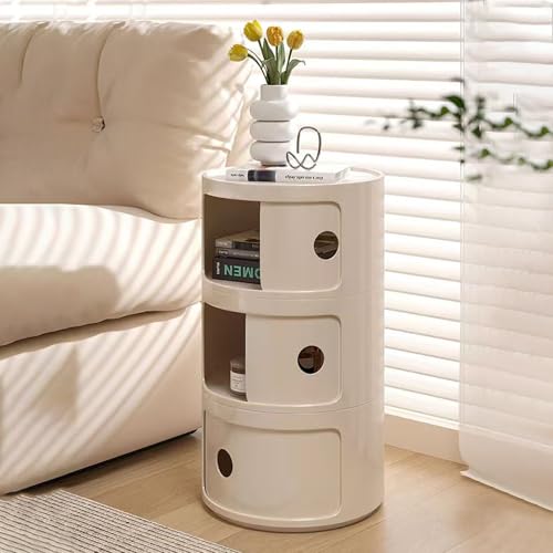 3 Tier Round Nightstand with Drawer, White Round Side Table Small Plastic Storage End Table for Bedroom, Living Room, Bathroom - color: White