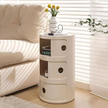 3 Tier Round Nightstand with Drawer, White Round Side Table Small Plastic Storage End Table for Bedroom, Living Room, Bathroom - color: White