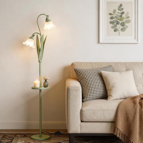 Funky Flower Floor Lamp with Table, Adjustable Gooseneck Floor Lamp with 3 Color Temperature, LED Bright Standing Lamp for Living Room, Bedroom, Corner, for Girl Women（Matcha Green） - color: Matcha Green