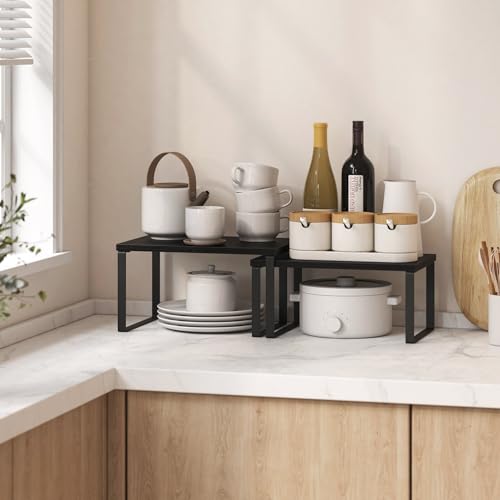 Kitchen Cabinet Organizer Shelf Set of 4, Sturdy Kitchen Counter Shelves with Metal Legs, Stackable Expandable Wood Spice Rack Pantry Cupboard Dish Mug Cup Storage Organizer Shelf, Black - color: Black