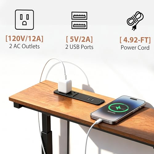 Adjustable Height Narrow Sofa Table with Built-in Power Outlets, 39" Long Console Table Behind Couch Table with Charging Station Skinny Entryway Table for Living Room & Hallway (Rustic Brown) - color: Rustic Brown, size: 39IN