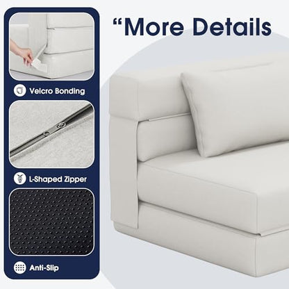 3-in-1 Foldable Chair Bed, Folding Sleeper Chair with Back Cushion, Convertible Sofa Bed for Adults, Cream Beige - color: Beige, size: Modern