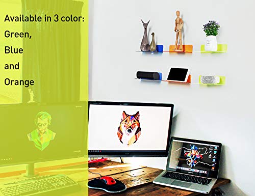 OAPRIRE 9 Inch Floating Wall Shelves Set of 2 - Personalize Expand Wall Space - Acrylic Small Wall Shelf for Bathroom, Bedroom, Living Room, Office, with Cable Clips - Clear Green | Strong Tape Adhesive Wall Shelf, Easy Installation, Hole Design with Cabl