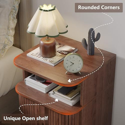 Alohappy Nightstand Set of 2, Mid Century Modern End Table with Storage, Fluted Bedside Table, Wooden Curved Profile Night Stands with Sliding Tambour Door for Bedroom, Living Room, Walnut - color: Walnut