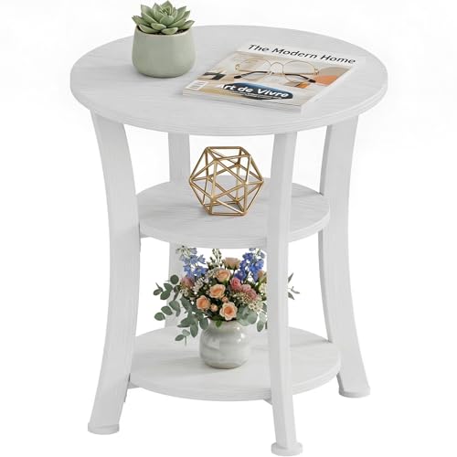 Round End Table 3 Tier Side Table, Small Space Wood Nightstand White | 19.7 inch Circle Coffee Accent Table with Warm Wood Finish for Bedroom Living Room Couch, Sturdy Vintage Rustic Design - color: White