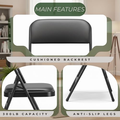 Pack of 2 (Fabric/Vinyl) Steel Frame Metal Foam Padded Folding Chairs (Black, Gray, White) (2-Pack - Vinyl Black) - color: 2-pack - Vinyl Black
