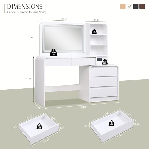 Aitjunz Vanity Desk with Mirror and Lights, 50” Modren Makeup Vanity with 35.43" Mirror and 5 Drawers, Makeup Table with Charging Station for Women and Girls, Bedroom (White) - color: White