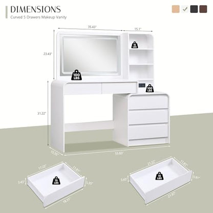 Aitjunz Vanity Desk with Mirror and Lights, 50” Modren Makeup Vanity with 35.43" Mirror and 5 Drawers, Makeup Table with Charging Station for Women and Girls, Bedroom (White) - color: White