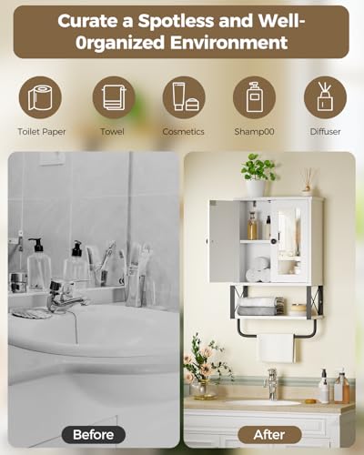 BEWISHOME Bathroom Medicine Cabinet Mirror with Towel Bar | Wall Cabinet with Adjustable Shelf Hooks, Space-Saving Over-Toilet, 7.1 x 15.4 x 24.4 Inches, White - color: White