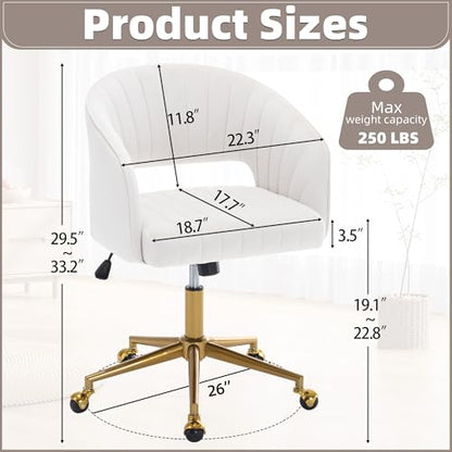 Desk Chair with Wheels, Gold Base, Velvet Accent Vanity Armchair, Off-White | Spacious‌ Soft Seat, Swivel Height Adjustable, Rocking Function, Modern Stripe for Girls &Women Bedroom Makeup or Nail - color: Off-white Cream Velvet