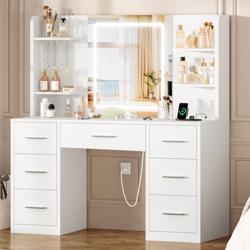 Quimoo Large Vanity Desk with LED Lighted Mirror & Power Outlet, Makeup Vanity Table with 7 Drawers,4 Shelves and 5 Hooks, White Vanity for Bedroom, Bathroom - color: White 4 Drawers Vanity