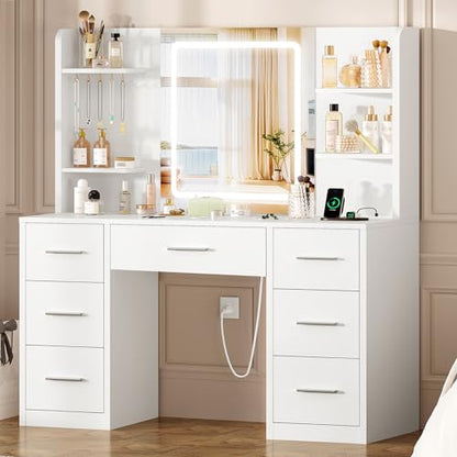 Quimoo Large Vanity Desk with LED Lighted Mirror & Power Outlet, Makeup Vanity Table with 7 Drawers,4 Shelves and 5 Hooks, White Vanity for Bedroom, Bathroom - color: White 4 Drawers Vanity