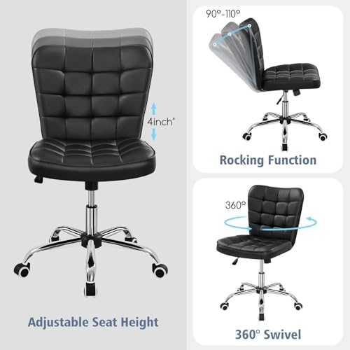 Yaheetech Black Tufted Armless Office Desk Chair with Wheels, Faux Leather | Thick foam cushioned seat tilts back to relax, lifts 18-22 in, spins 360 degrees, holds 300 lb, and assembles with ease. - color: Black