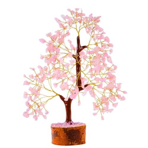Crystal Tree of Life Rose Quartz Healing Crystal Trees for Home & Office Decor, Handmade Gem Money Bonsai Trees for Positive Energy, Good Luck Decor, Birthday Gifts for Women, Mom - color: Rose Quartz Golden Wire