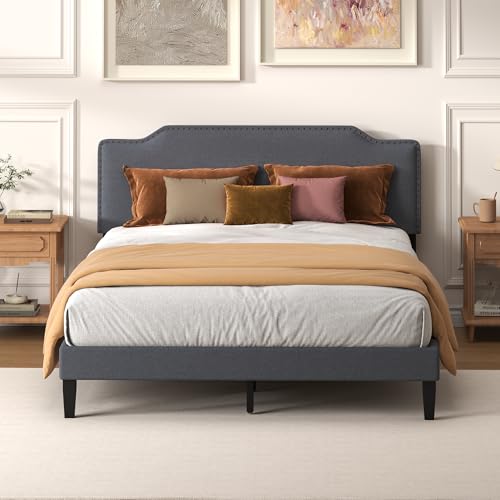Queen Size Bed Frame with Upholstered Headboard, Platform Bed with Soft Linen Adjustable Headboard | Elegant Studded Design | Wooden Slats | No Box Spring Needed, Queen Bed Frame Dark Grey - color: Dark Grey, size: Queen (U.S. Standard)