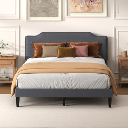 Queen Size Bed Frame with Upholstered Headboard, Platform Bed with Soft Linen Adjustable Headboard | Elegant Studded Design | Wooden Slats | No Box Spring Needed, Queen Bed Frame Dark Grey - color: Dark Grey, size: Queen (U.S. Standard)