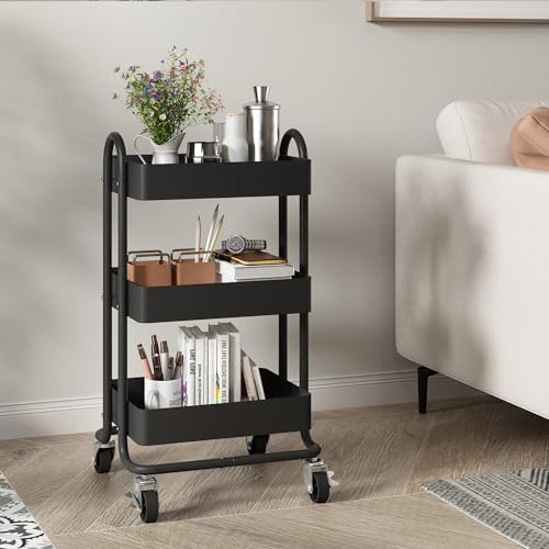 Metal Rolling Cart,3-Tier Metal Rolling Cart with Wheels,3 Tier Utility Cart with Wheels for Office,Home,Kitchen,Garden（13.4"x18.1"x31"） Black - color: Black, size: 31"H